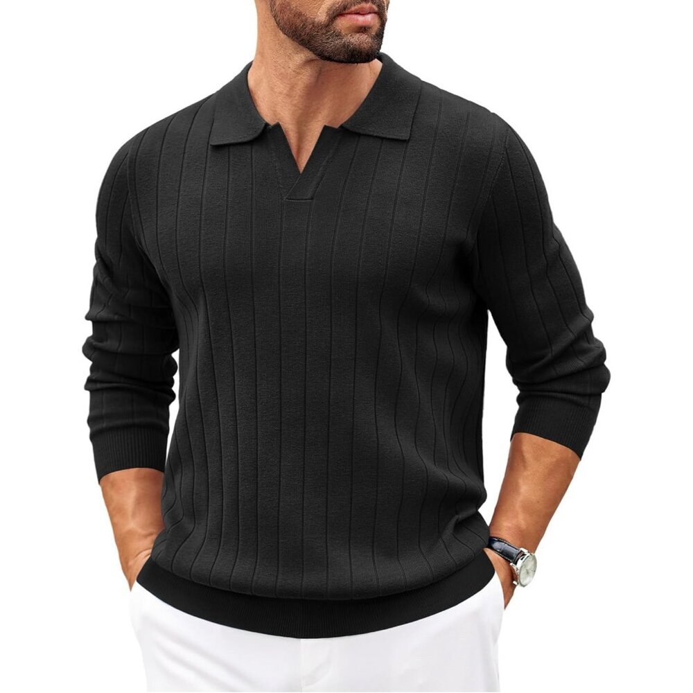 Men's Polo Sweaters Long Sleeve V Neck Knit Casual Pullover Sweater All Black